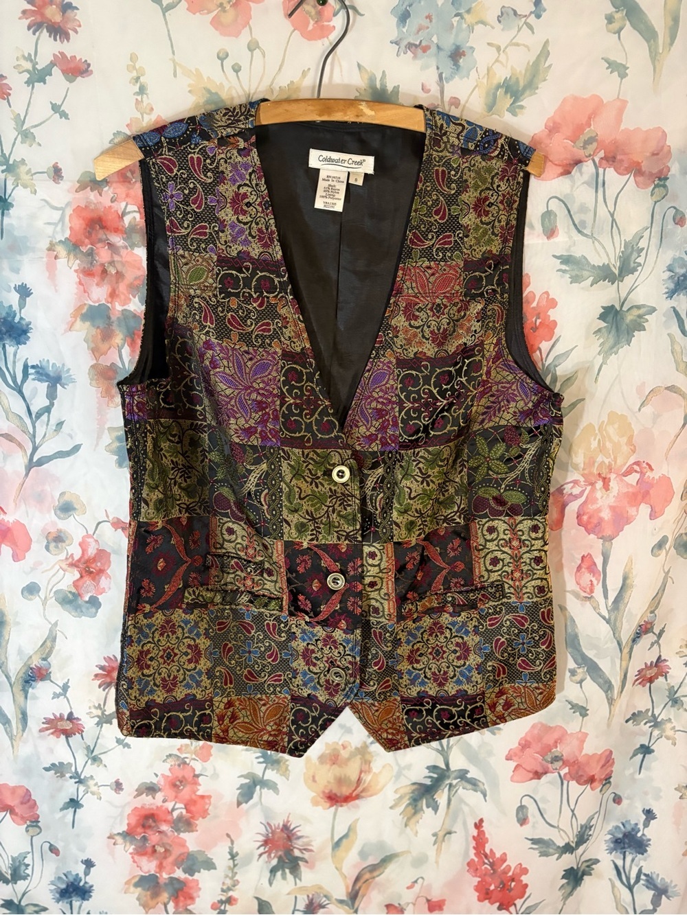 Vintage Coldwater Creek Black Lined Jacket with Gold, Pink and Green Brocade